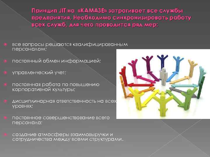 Принцип JIT на «КАМАЗЕ» затрагивает все службы предприятия. Необходимо синхронизировать работу всех служб, для