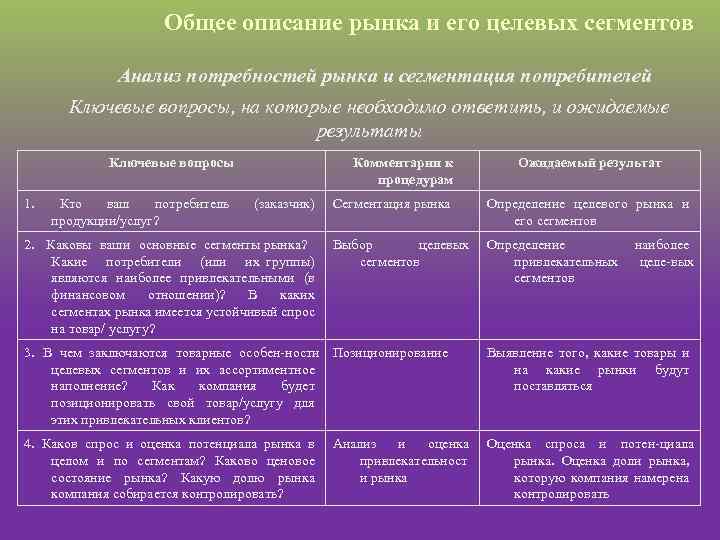 Общее описание рынка и его целевых сегментов Анализ потребностей рынка и сегментация потребителей Ключевые