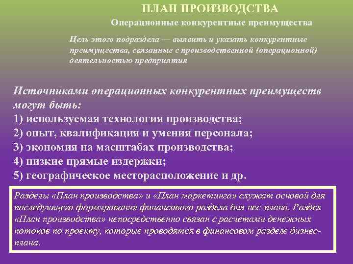 ПЛАН ПРОИЗВОДСТВА Операционные конкурентные преимущества Цель этого подраздела — выявить и указать конкурентные преимущества,