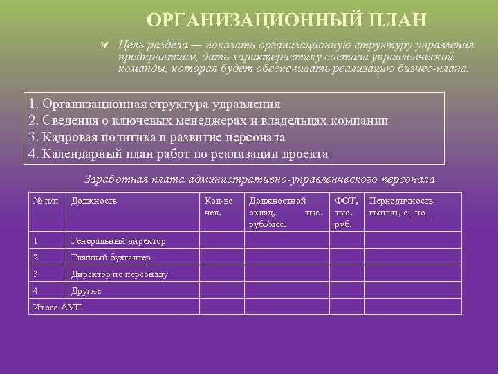 ОРГАНИЗАЦИОННЫЙ ПЛАН Ú Цель раздела — показать организационную структуру управления предприятием, дать характеристику состава