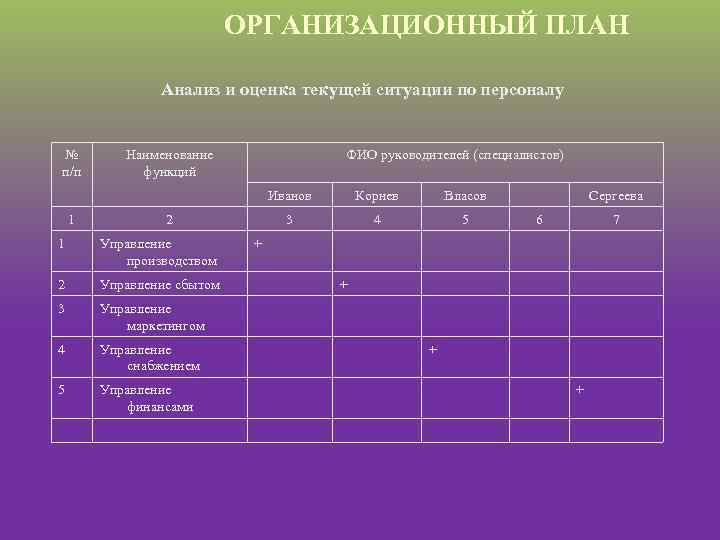 ОРГАНИЗАЦИОННЫЙ ПЛАН Анализ и оценка текущей ситуации по персоналу № п/п Наименование функций ФИО