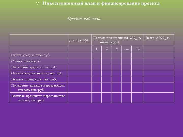 Ú Инвестиционный план и финансирование проекта Кредитный план Декабрь 200_ Период планирования 200_ г.