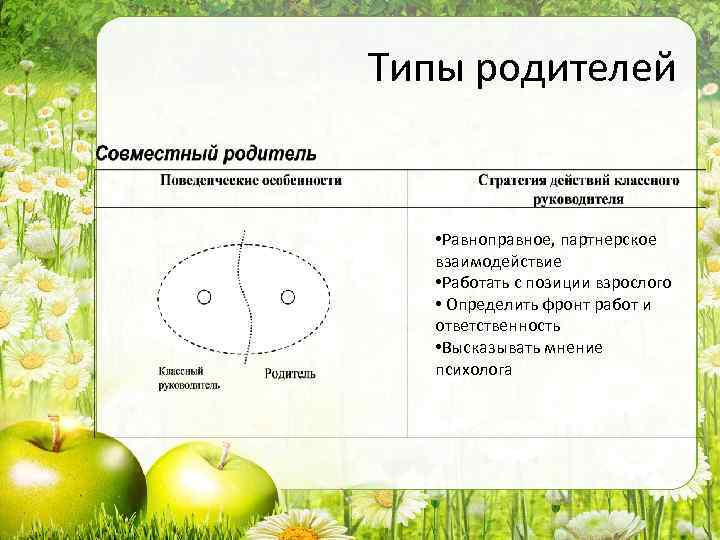 Типы родителей • Равноправное, партнерское взаимодействие • Работать с позиции взрослого • Определить фронт
