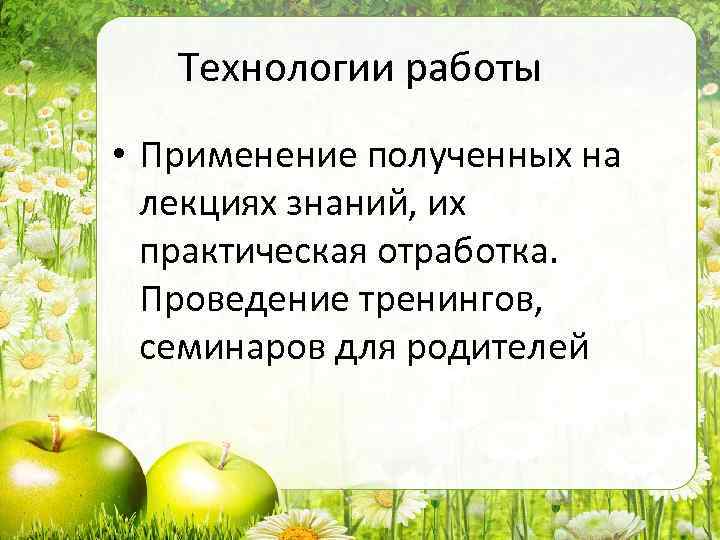 Технологии работы • Применение полученных на лекциях знаний, их практическая отработка. Проведение тренингов, семинаров