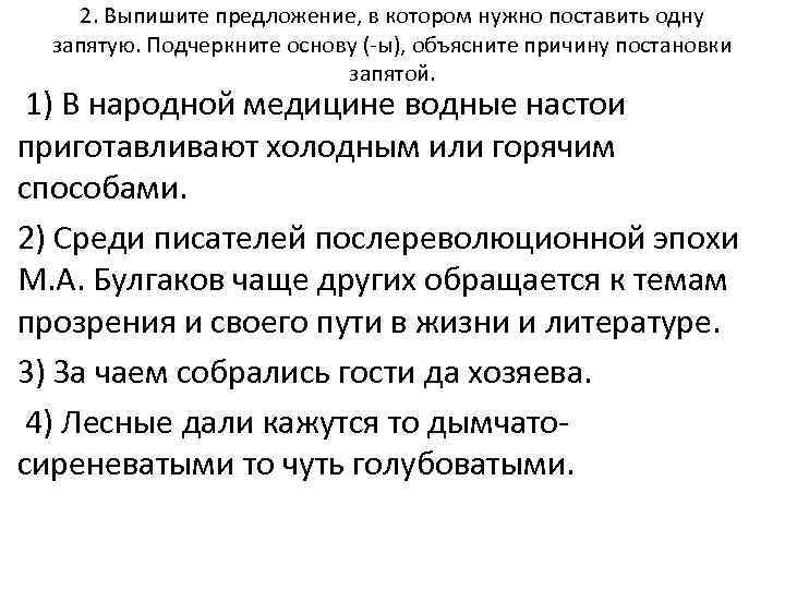 2. Выпишите предложение, в котором нужно поставить одну запятую. Подчеркните основу (-ы), объясните причину