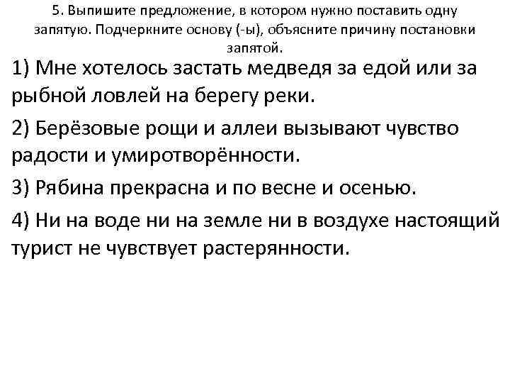 5. Выпишите предложение, в котором нужно поставить одну запятую. Подчеркните основу (-ы), объясните причину