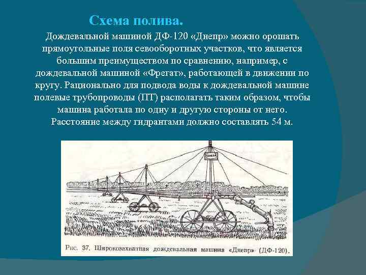 Схема полива. Дождевальной машиной ДФ-120 «Днепр» можно орошать прямоугольные поля севооборотных участков, что является