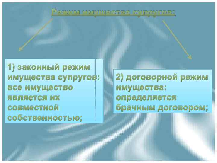 Режим имущества супругов: 1) законный режим имущества супругов: все имущество является их совместной собственностью;