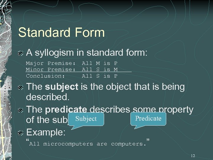 Standard Form A syllogism in standard form: Major Premise: Minor Premise: Conclusion: All M