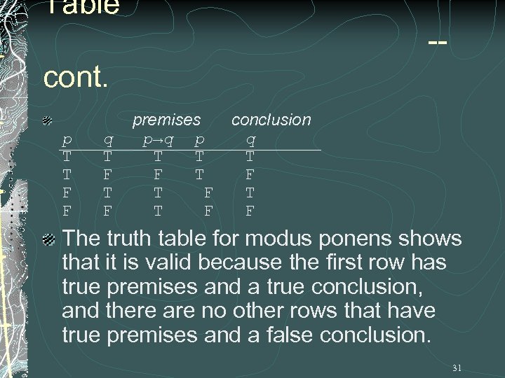 Table -cont. p T T F F q T F premises p→q p T