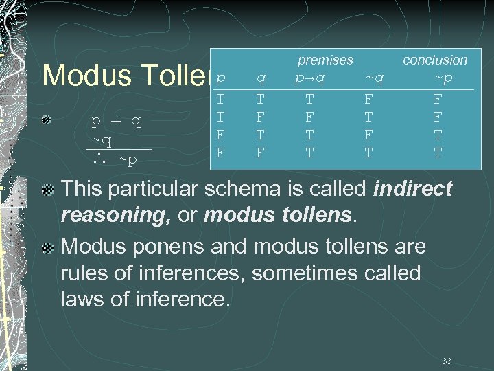 p Modus Tollens p → q ~q ∴ ~p T T F F premises