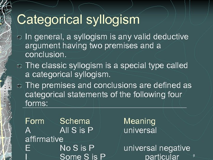 Categorical syllogism In general, a syllogism is any valid deductive argument having two premises