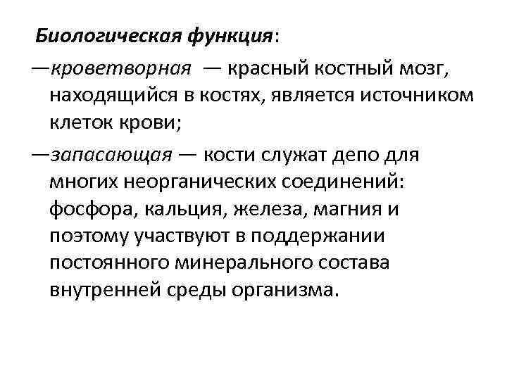 Биологическая функция: —кроветворная — красный костный мозг, находящийся в костях, является источником клеток крови;