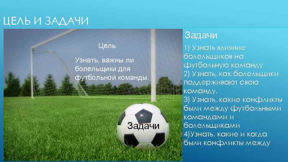 ЦЕЛЬ И ЗАДАЧИ Задачи Цель Узнать, важны ли болельщики для футбольной команды. Задачи 1)