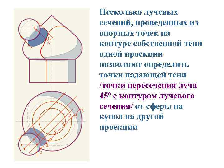Несколько лучевых сечений, проведенных из опорных точек на контуре собственной тени одной проекции позволяют