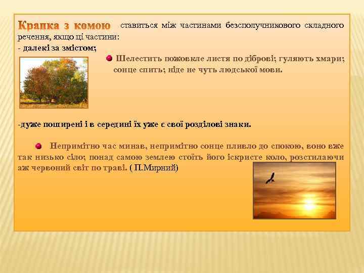 ставиться між частинами безсполучникового складного речення, якщо ці частини: - далекі за змістом; Шелестить