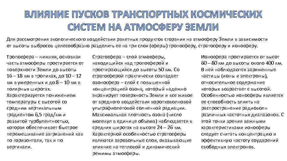 ВЛИЯНИЕ ПУСКОВ ТРАНСПОРТНЫХ КОСМИЧЕСКИХ СИСТЕМ НА АТМОСФЕРУ ЗЕМЛИ Для рассмотрения экологического воздействия ракетных продуктов