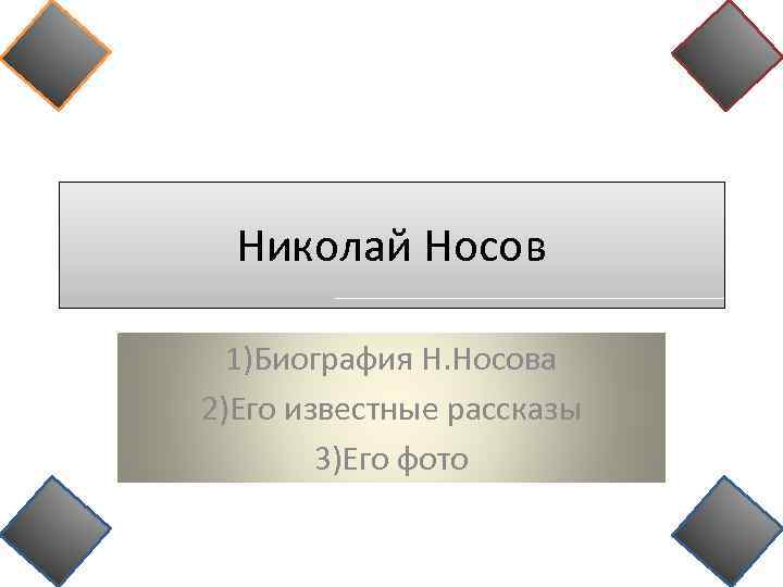 Николай Носов 1)Биография Н. Носова 2)Его известные рассказы 3)Его фото 
