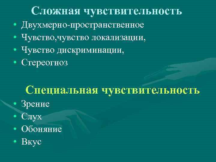 Сложная чувствительность • • Двухмерно-пространственное Чувство, чувство локализации, Чувство дискриминации, Стереогноз Специальная чувствительность •