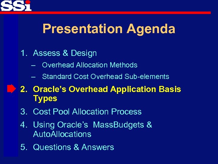 Presentation Agenda 1. Assess & Design – Overhead Allocation Methods – Standard Cost Overhead