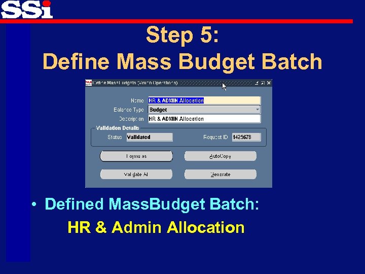 Step 5: Define Mass Budget Batch • Defined Mass. Budget Batch: HR & Admin