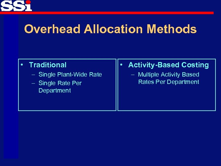 Overhead Allocation Methods • Traditional – Single Plant-Wide Rate – Single Rate Per Department