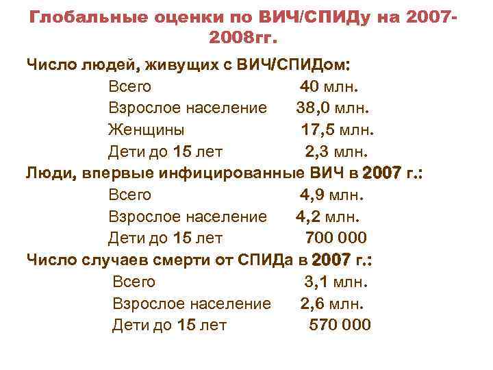 Глобальные оценки по ВИЧ/СПИДу на 20072008 гг. Число людей, живущих с ВИЧ/СПИДом: Всего 40