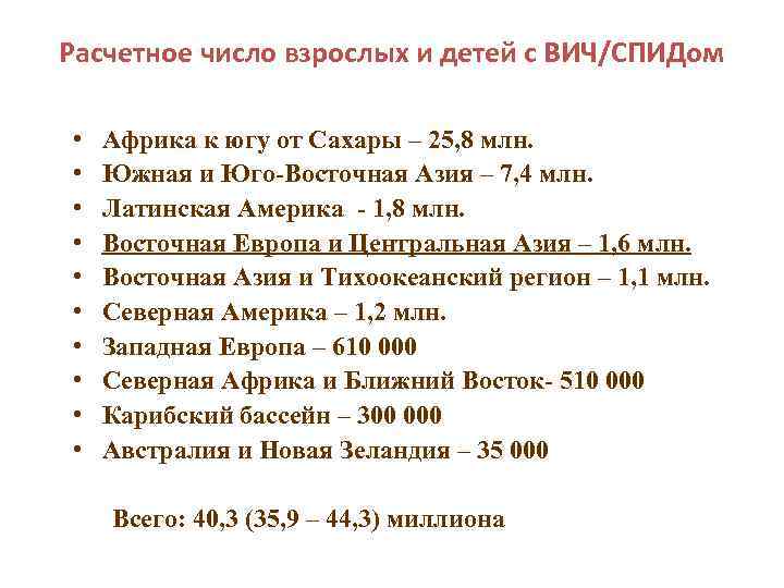 Расчетное число взрослых и детей с ВИЧ/СПИДом • • • Африка к югу от