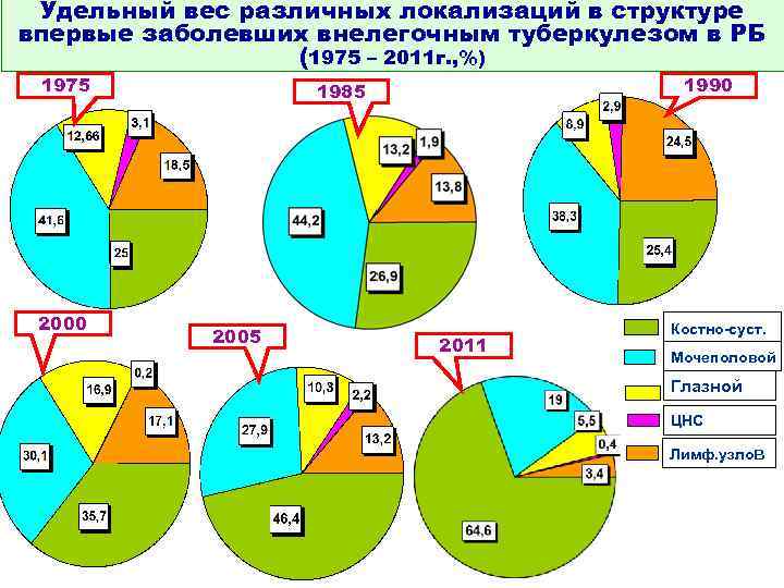 Удельный вес различных локализаций в структуре впервые заболевших внелегочным туберкулезом в РБ (1975 –