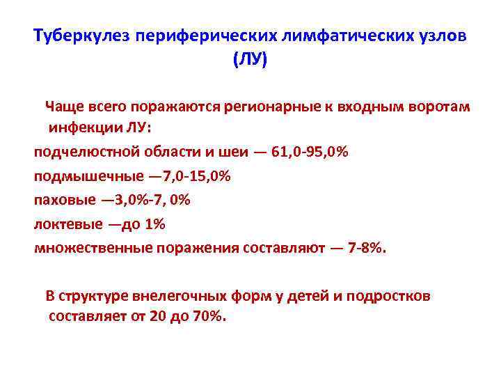Туберкулез периферических лимфатических узлов (ЛУ) Чаще всего поражаются регионарные к входным воротам инфекции ЛУ:
