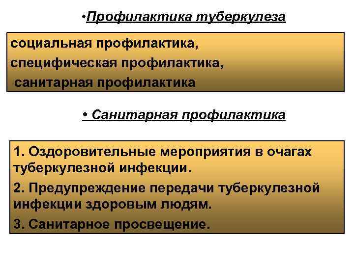  • Профилактика туберкулеза социальная профилактика, специфическая профилактика, санитарная профилактика • Санитарная профилактика 1.