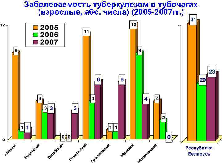 Заболеваемость туберкулезом в тубочагах (взрослые, абс. числа) (2005 -2007 гг. ) 