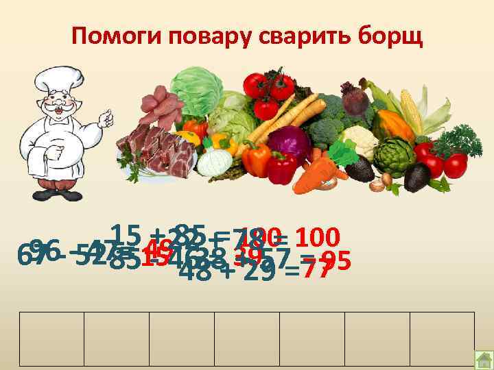 Помоги повару сварить борщ 15 4985+ 78 = 100 +22 = 100 96 47=