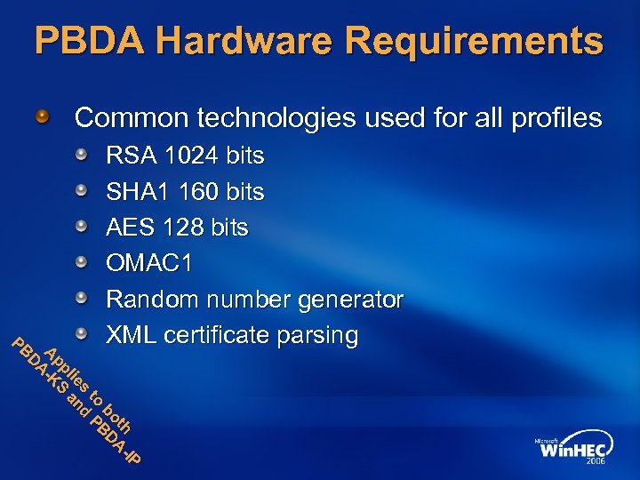 PBDA Hardware Requirements Common technologies used for all profiles P P h AI tth