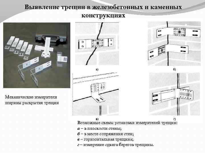 Выявление трещин в железобетонных и каменных конструкциях Механические измерители ширины раскрытия трещин Возможные схемы