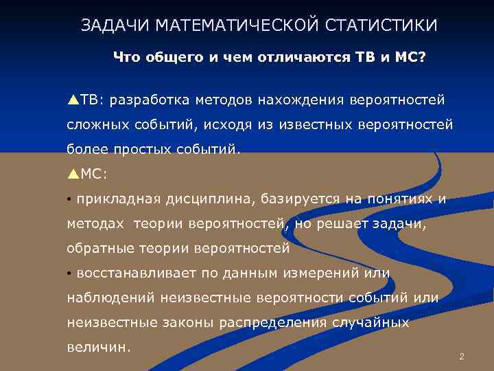 ЗАДАЧИ МАТЕМАТИЧЕСКОЙ СТАТИСТИКИ Что общего и чем отличаются ТВ и МС? ТВ: разработка методов