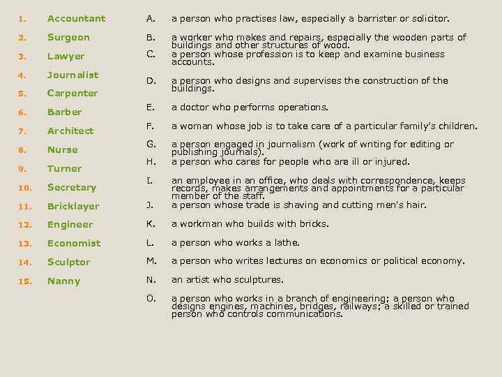 1. Accountant A. a person who practises law, especially a barrister or solicitor. 2.