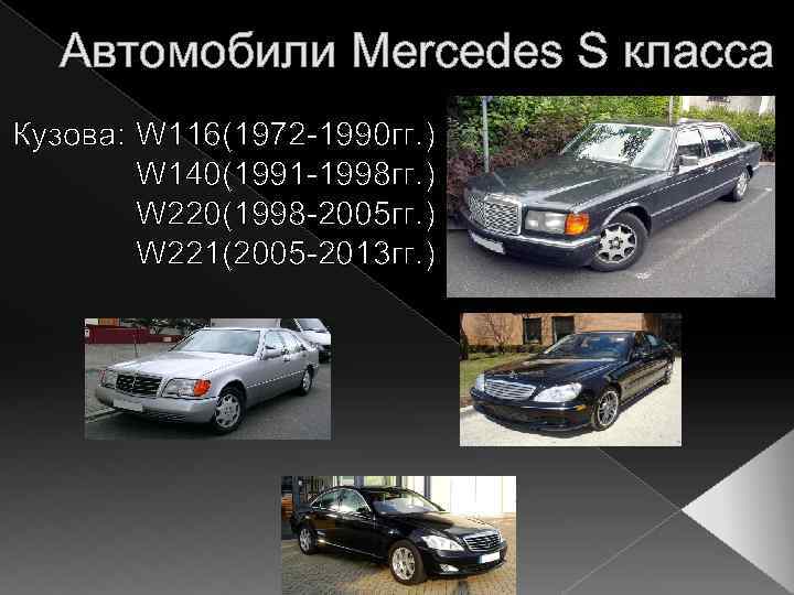 Автомобили Mercedes S класса Кузова: W 116(1972 -1990 гг. ) W 140(1991 -1998 гг.