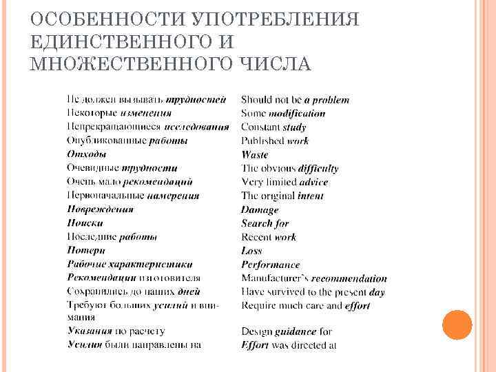 ОСОБЕННОСТИ УПОТРЕБЛЕНИЯ ЕДИНСТВЕННОГО И МНОЖЕСТВЕННОГО ЧИСЛА 