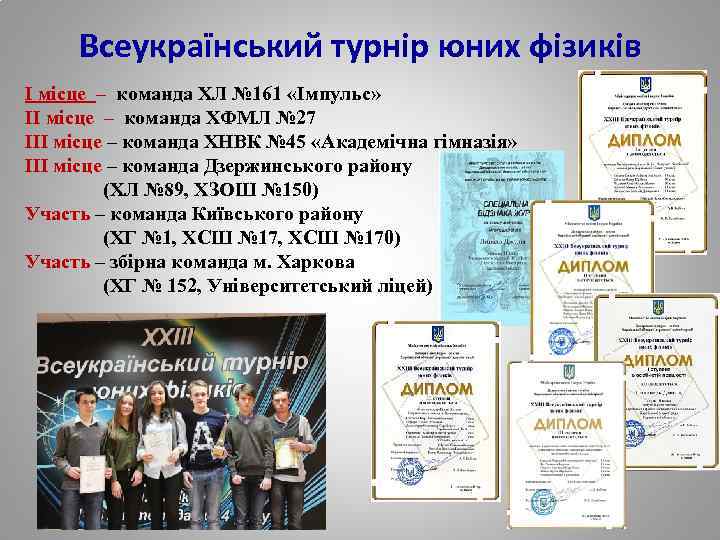 Всеукраїнський турнір юних фізиків І місце – команда ХЛ № 161 «Імпульс» ІІ місце