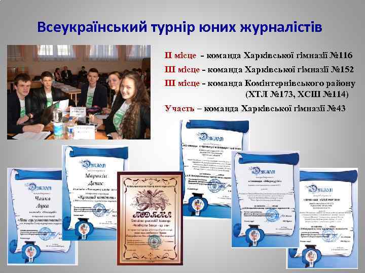 Всеукраїнський турнір юних журналістів ІІ місце - команда Харківської гімназії № 116 ІІІ місце