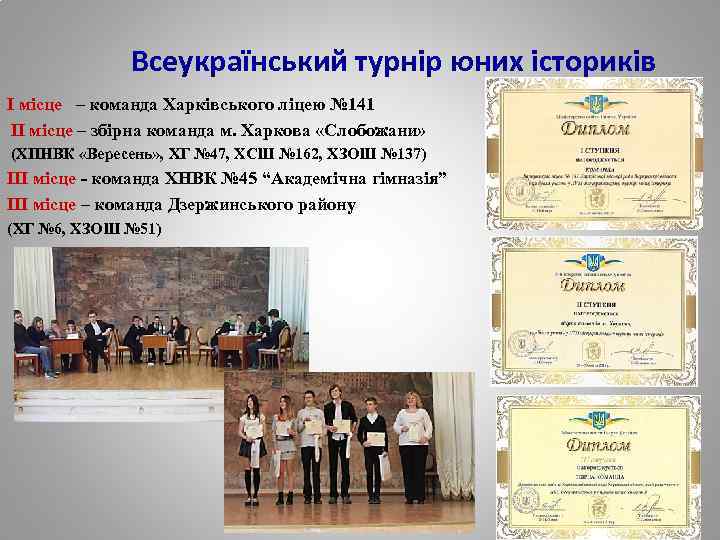 Всеукраїнський турнір юних істориків І місце – команда Харківського ліцею № 141 ІІ місце