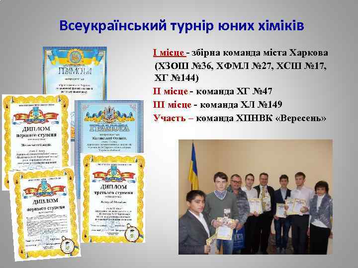 Всеукраїнський турнір юних хіміків І місце - збірна команда міста Харкова (ХЗОШ № 36,