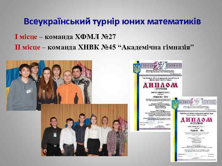 Всеукраїнський турнір юних математиків І місце – команда ХФМЛ № 27 ІІ місце –