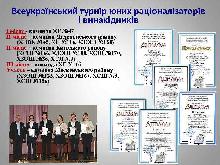 Всеукраїнський турнір юних раціоналізаторів і винахідників І місце - команда ХГ № 47 ІІ
