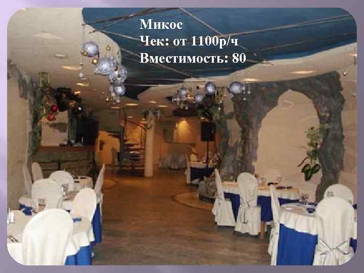 Микос Чек: от 1100 р/ч Вместимость: 80 