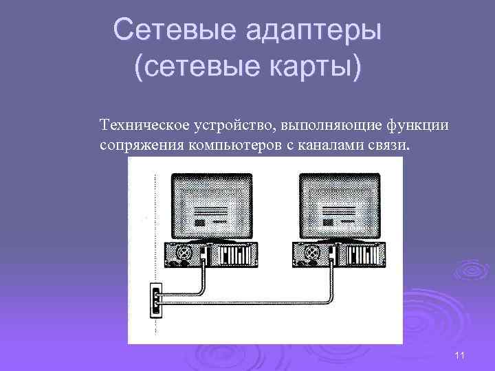 Сетевые адаптеры (сетевые карты) Техническое устройство, выполняющие функции сопряжения компьютеров с каналами связи. 11