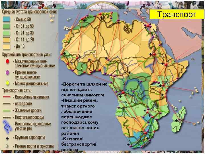 Транспорт -Дороги та шляхи не відповідають сучасним вимогам -Низький рівень транспортного забезпечення перешкоджає господарському