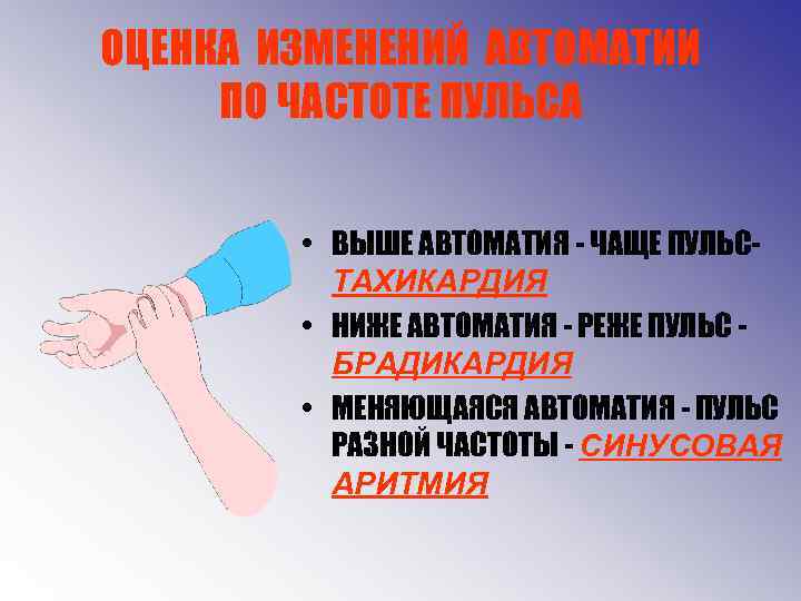 ОЦЕНКА ИЗМЕНЕНИЙ АВТОМАТИИ ПО ЧАСТОТЕ ПУЛЬСА • ВЫШЕ АВТОМАТИЯ - ЧАЩЕ ПУЛЬСТАХИКАРДИЯ • НИЖЕ