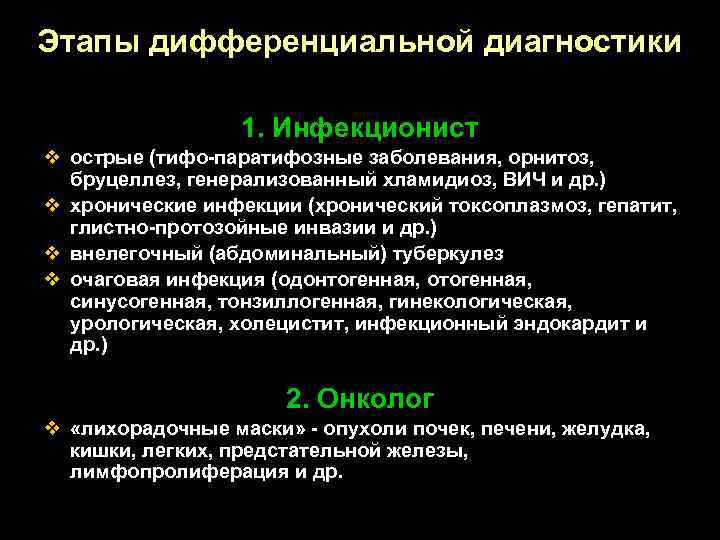 Этапы дифференциальной диагностики 1. Инфекционист v острые (тифо-паратифозные заболевания, орнитоз, бруцеллез, генерализованный хламидиоз, ВИЧ